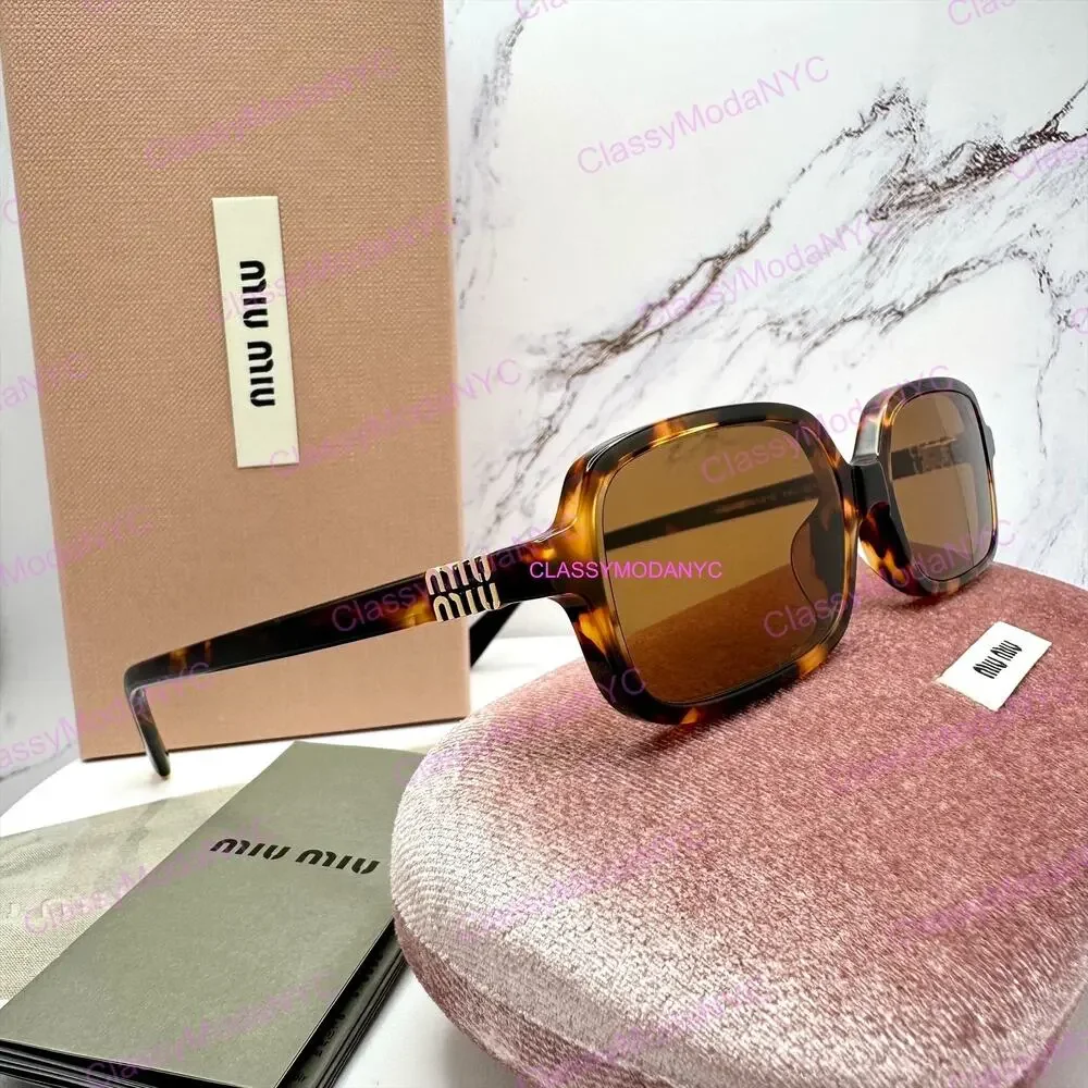 New MIU MIU Sunglasses Brown Tortoise Slim Rectangular Acetate Logo Authentic